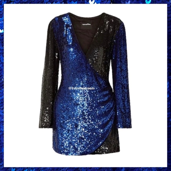 NWT Retrofete Christine Sequin Wrap Dress Blue and Black SZ LARGE $690 - Picture 5 of 16
